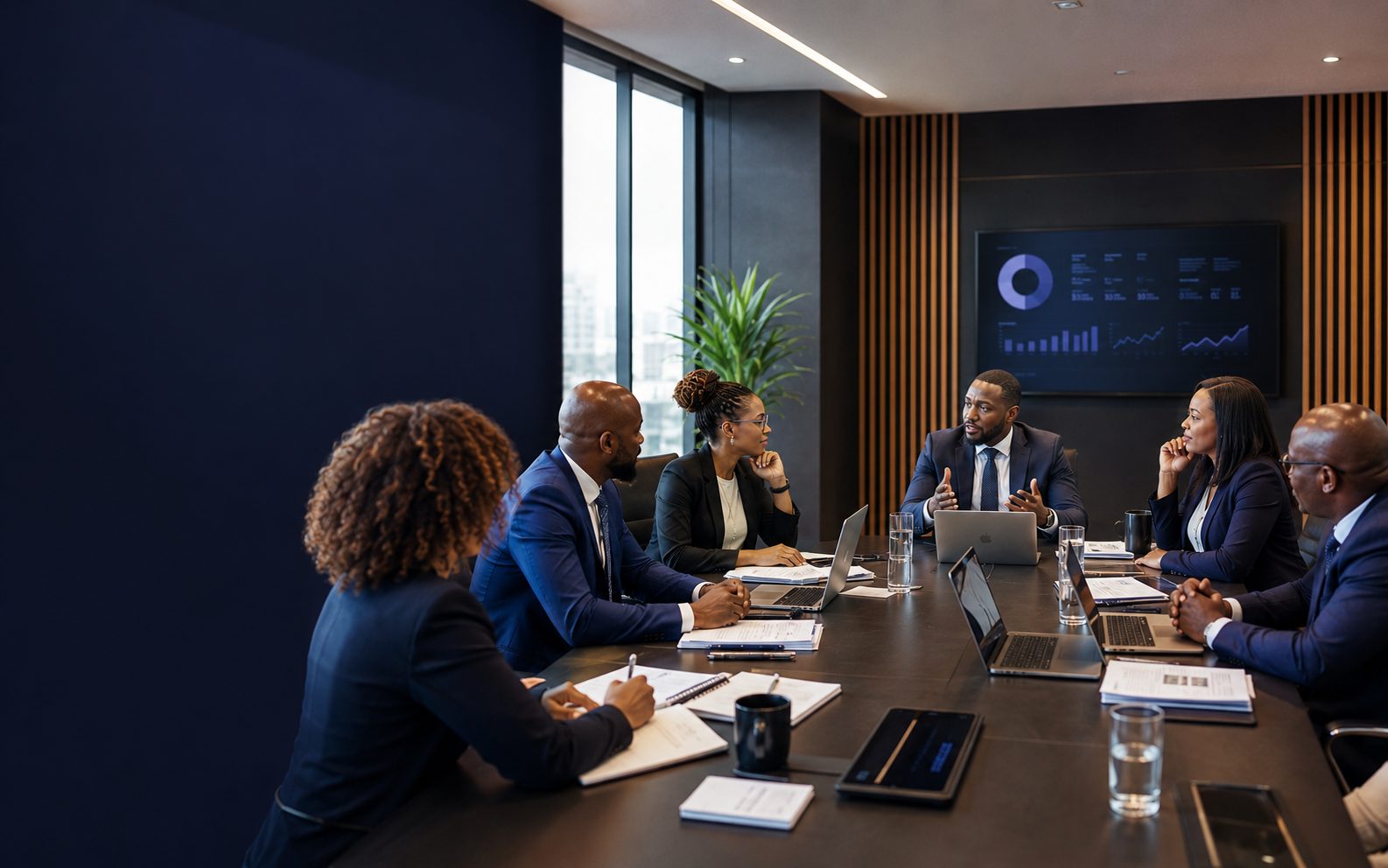 Corporate team reviewing performance in a boardroom