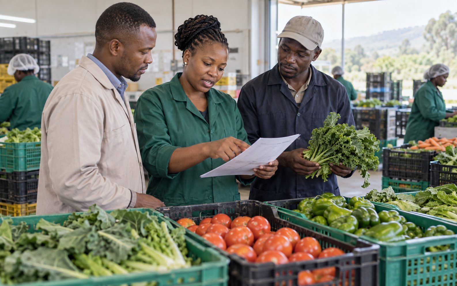 An agribusiness team discussing produce quality and orders