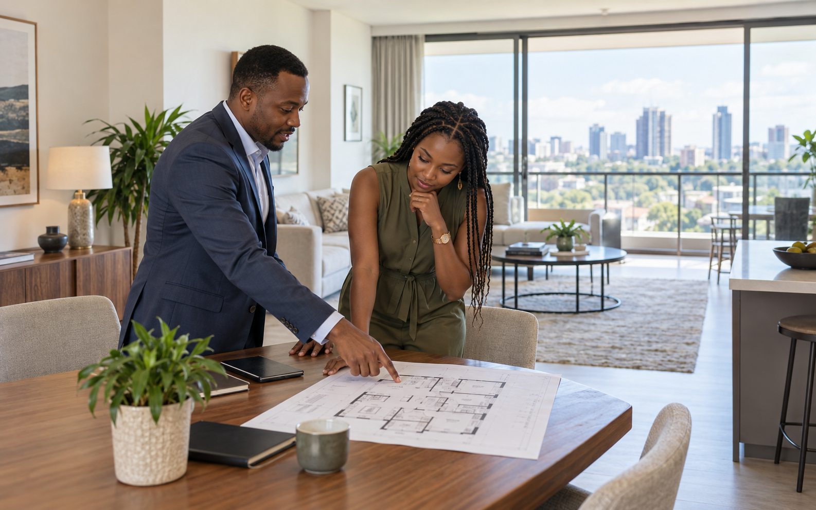 A property professional and buyer reviewing a floor plan
