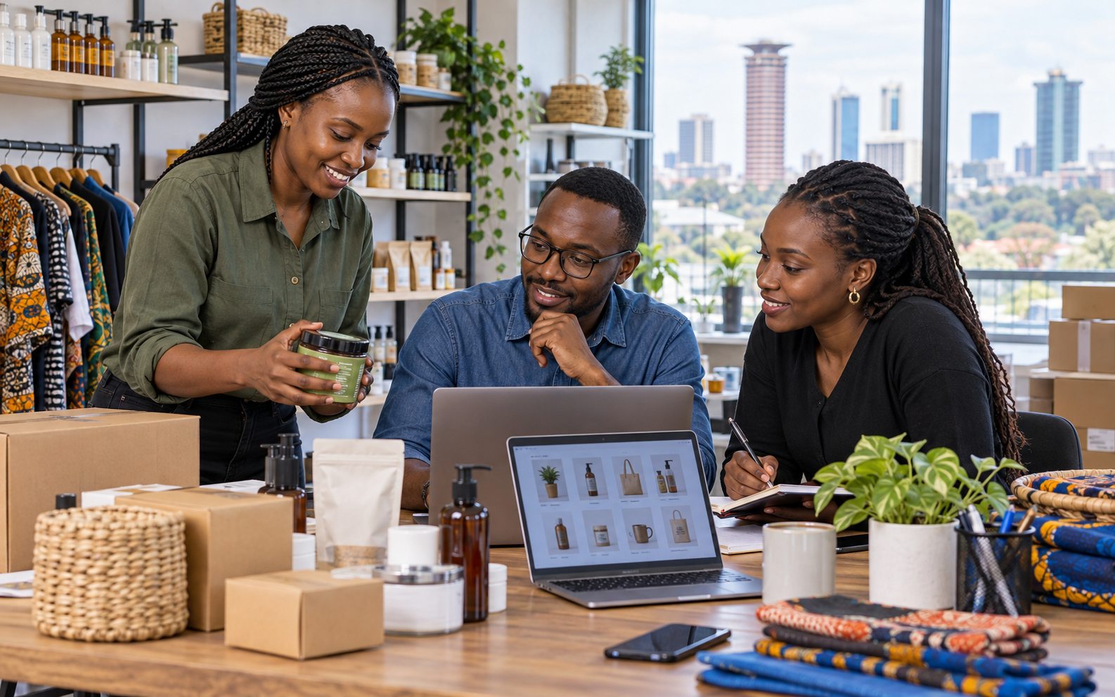 A retail team reviewing products and online orders