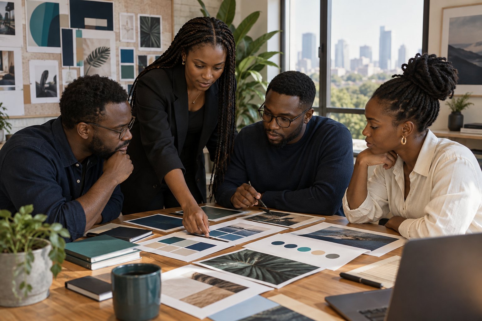 A creative team reviewing visual design concepts